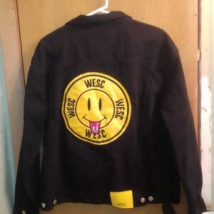 Wesc Black Denim Jacket with Yellow Smiley Patch Unisex Woman Size Large Mens M